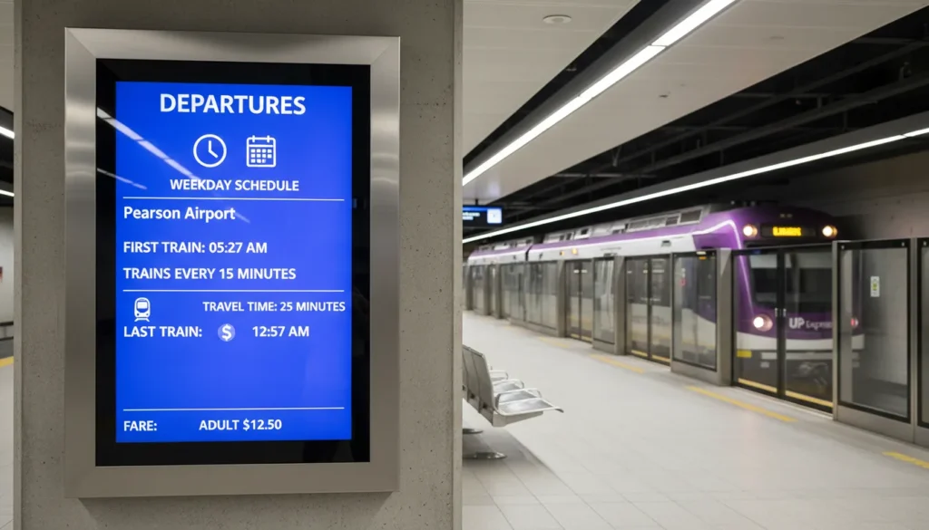 Electronic departure board at Pearson Airport UP Express station showing next trains to Union Station at 5:27 AM, every 15 minutes, travel time 25 minutes