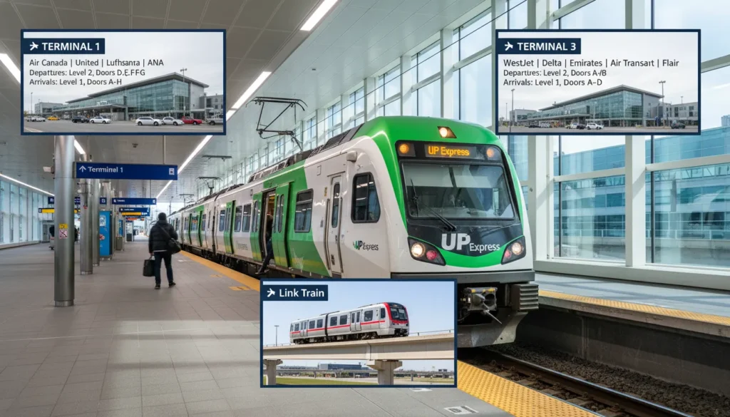 Real photo of UP Express train at Terminal 1 station Toronto Pearson Airport with inset comparison showing Terminal 1 serves Air Canada United Lufthansa and Terminal 3 serves WestJet Delta Emirates and free Link Train connecting both terminals