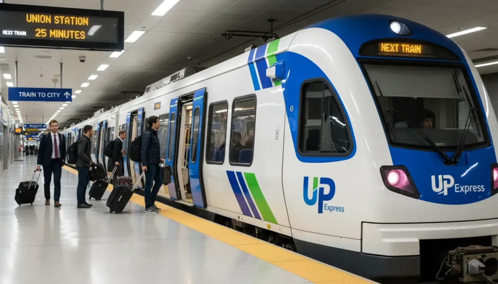 Modern white and blue UP Express train parked at Pearson Airport Terminal 1 station with passengers boarding and luggage racks visible