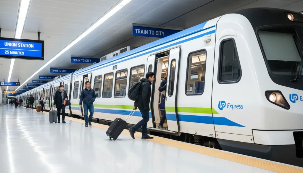 Modern white and blue UP Express train parked at Pearson Airport Terminal 1 station with passengers boarding and luggage racks visible