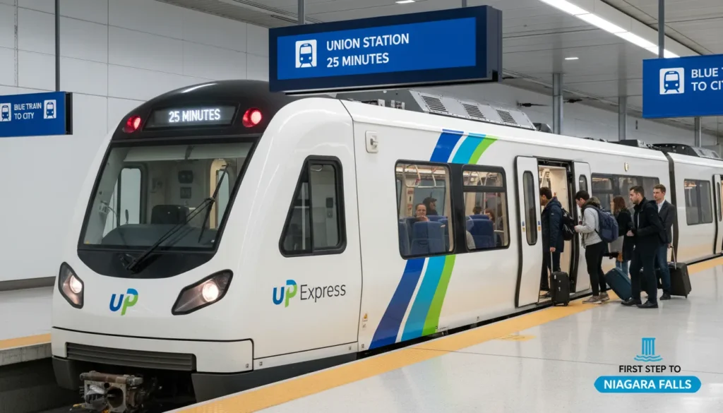 Modern white and blue UP Express train parked at Pearson Airport Terminal 1 station with passengers boarding and luggage racks visible