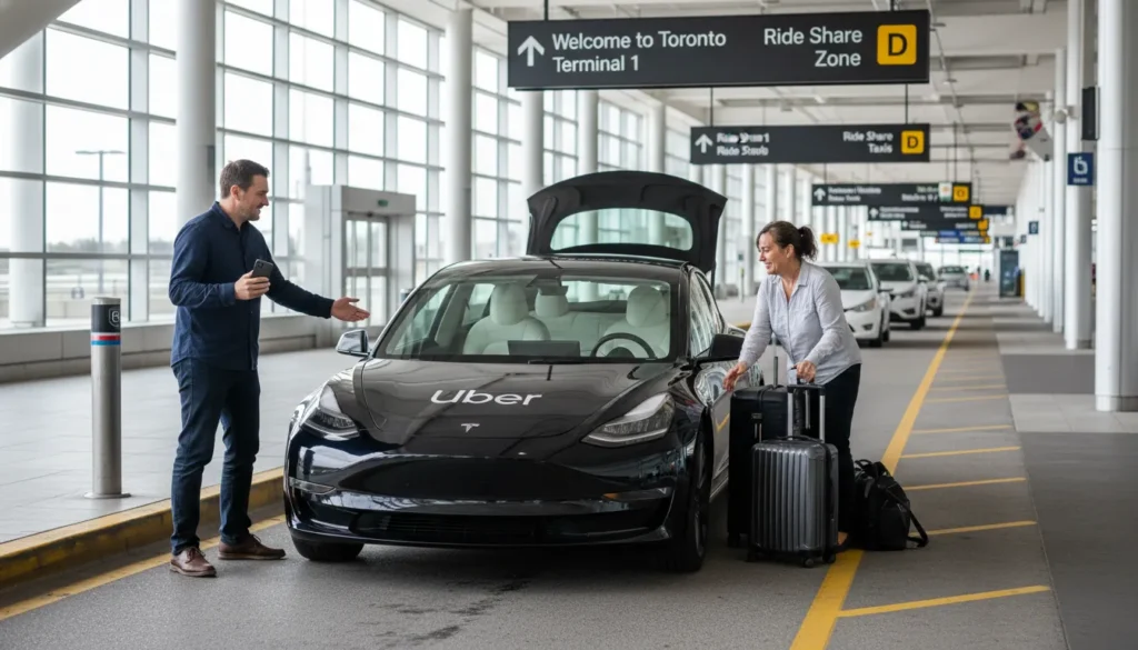 Modern sedan with Uber decal waiting at Pearson Airport ride share pickup zone with passenger checking phone app