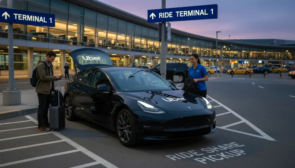 Modern sedan with Uber decal waiting at Pearson Airport ride share pickup zone with passenger checking phone app