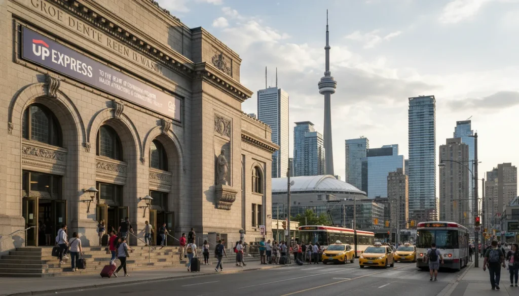 Historic Union Station building exterior at 65 Front Street West Toronto with people walking and city skyline in background