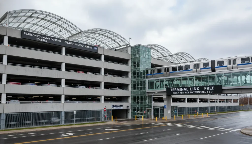 An exterior view of the multi-level covered Value Park Garage on Viscount Road with a Terminal LINK Train passing by.