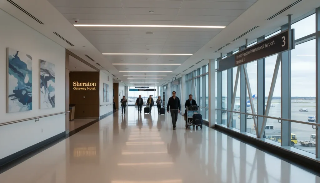 Indoor covered walkway connecting Sheraton Gateway Hotel to Toronto Pearson Airport Terminal 3