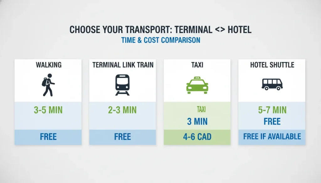 Comparison infographic showing walking, Terminal Link Train, taxi, and hotel shuttle from Pearson Terminal 3 station to Sheraton Gateway Hotel