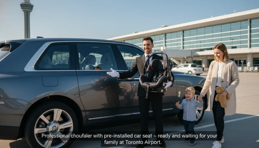 Four common car seat problems at Toronto airport with solutions: flight delay, driver without seat, wrong seat type, and adding another child. Infographic shows what parents worry about and how each problem is solved.