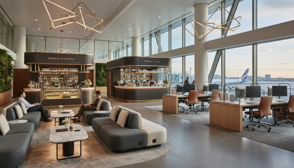 The entrance and seating area of the Air Canada Transborder Maple Leaf Lounge on Level 4 near the F Gates.