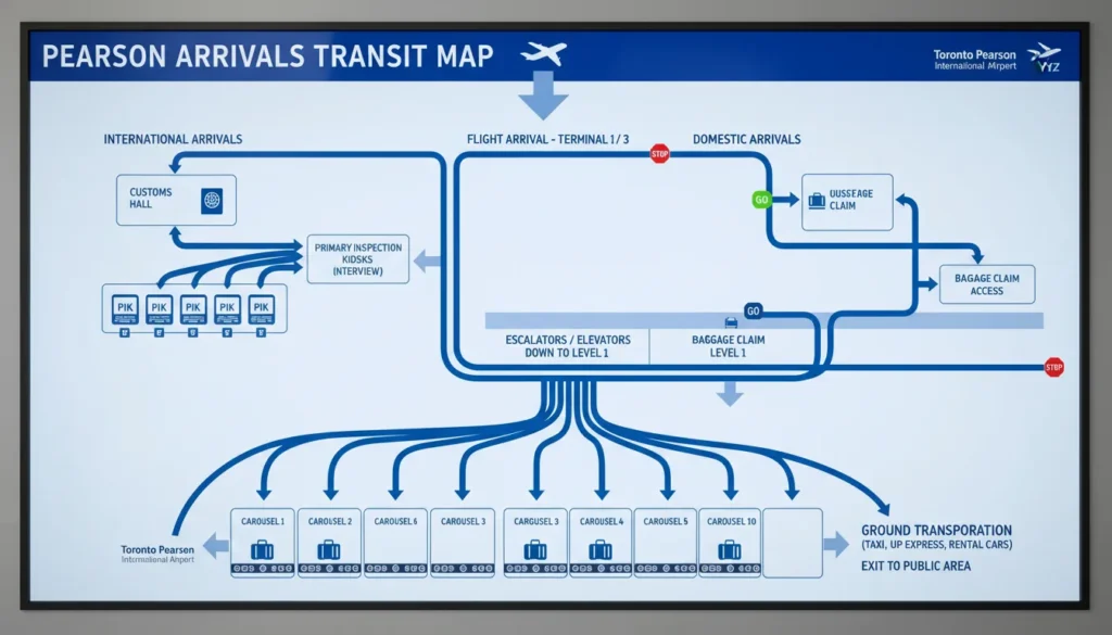 The step-by-step physical journey for international and domestic Air Canada arrivals inside Terminal 1.