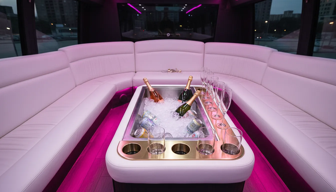 Interior of a luxury limo bus customized for a bachelorette party, featuring a built-in stainless steel ice chest packed with cold drinks, glassware ready in custom holders, and pink perimeter LED lighting.