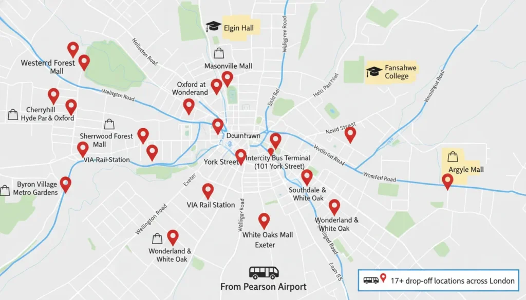 Map showing 17+ bus drop-off locations in London, Ontario including York Street Downtown, Western University Elgin Hall, Fanshawe College, Wellington Road, White Oaks Mall, Masonville Mall, Cherryhill Mall, Argyle Mall, VIA Rail Station, and major intersections at Oxford and Wonderland, Hyde Park and Oxford, Southdale and White Oak.