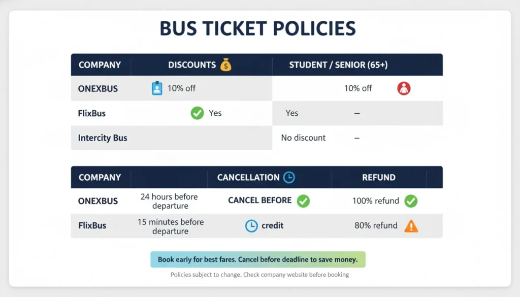 Comparison table showing bus company discounts for students and seniors, and cancellation policy with refund amounts for ONEXBUS, FlixBus, and Intercity Bus from Pearson Airport to London Ontario.