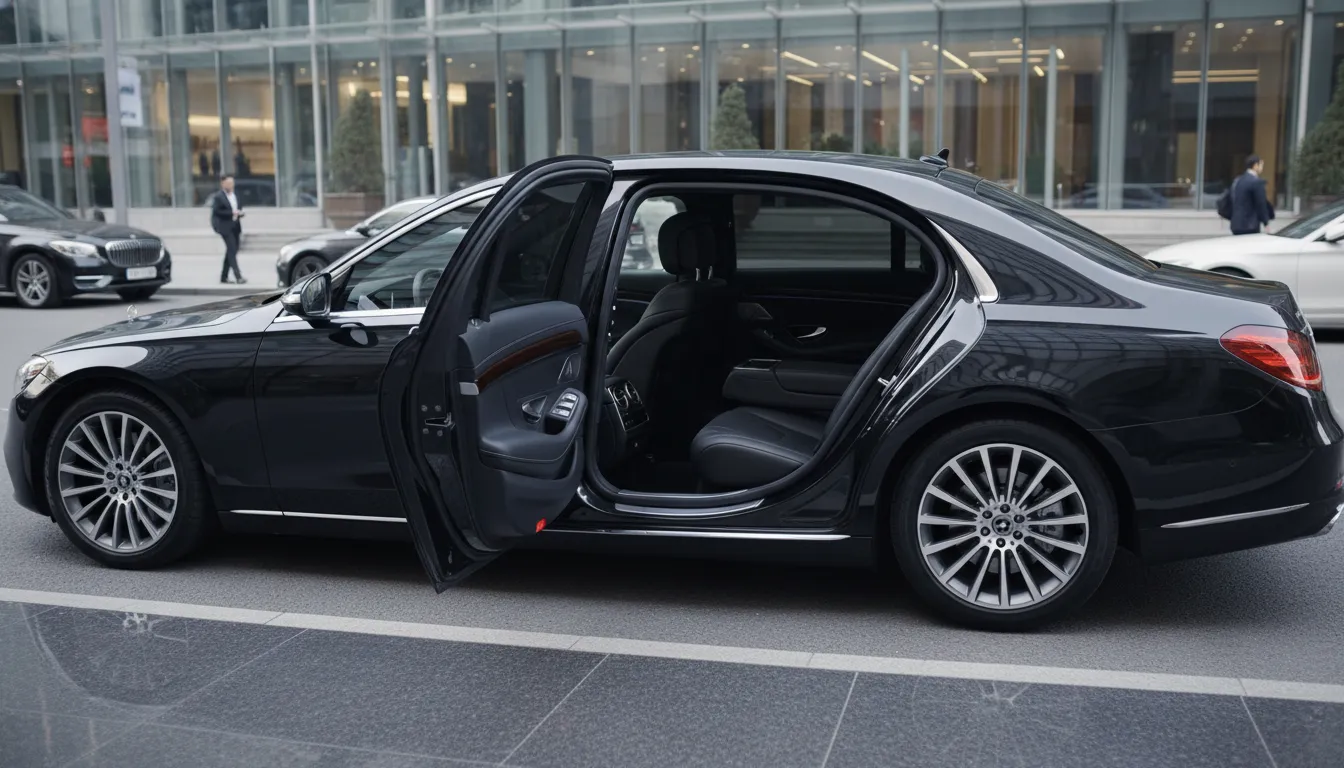 Interior profile view of a pristine, late-model black executive luxury sedan parked curbside, highlighting the spacious leather seating and premium cabin amenities.