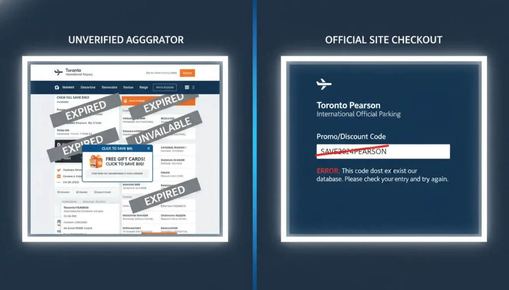 A visual comparison displaying a spammy coupon aggregator website alongside the official Toronto Pearson Airport parking portal rejecting a fake voucher code.
