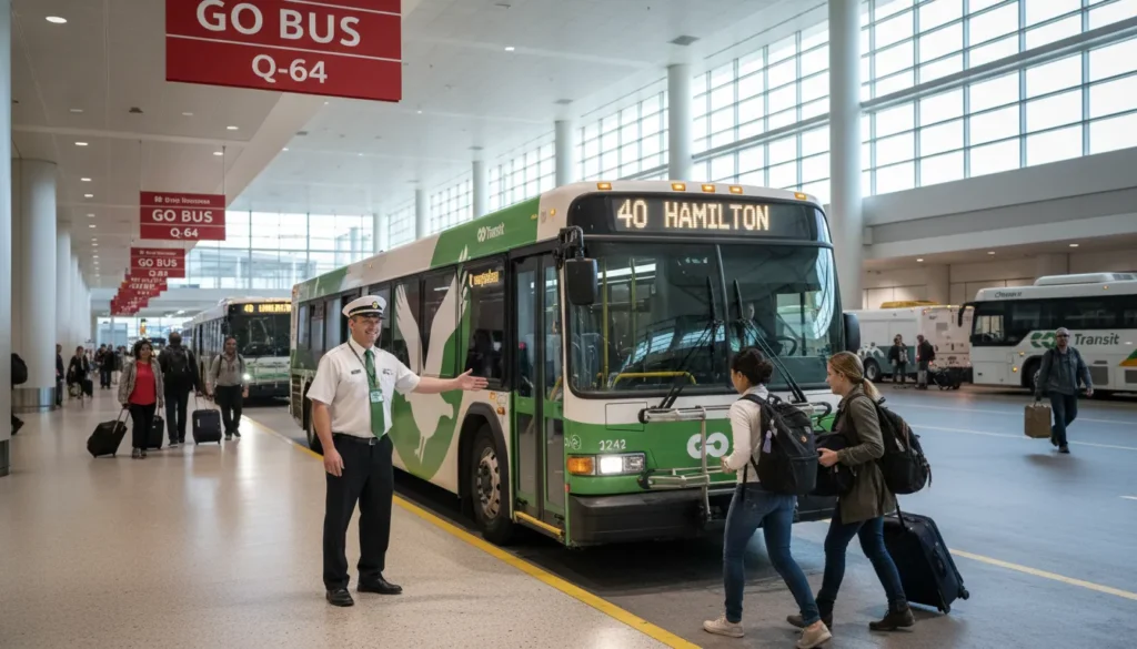 Green and white GO Transit Route 40 bus parked at Pearson Airport Terminal 1 Ground Level Column Q2 to Q4. Passengers boarding with suitcases. Red GO Transit signs visible. One bus, no transfers to Hamilton.
