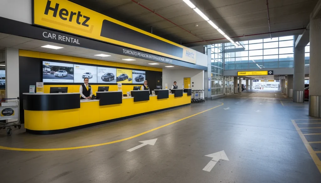 Hertz car rental counter location at Toronto Pearson Airport YYZ Terminal 1 parking garage level 1.