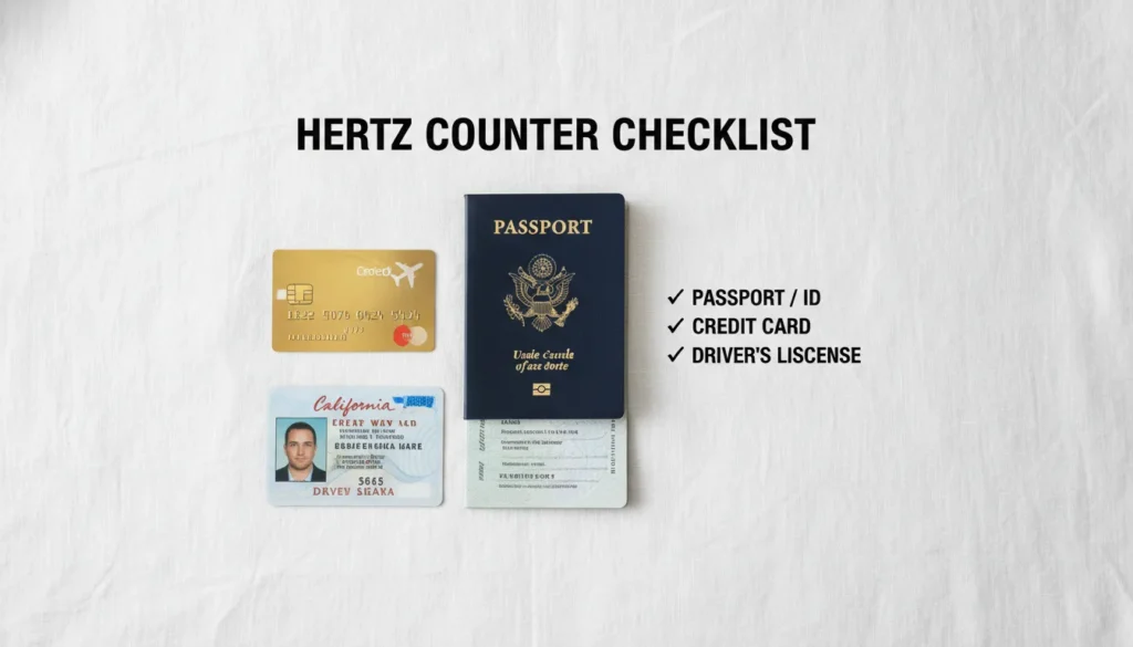 Checklist of documents required for renting a car at Hertz Toronto Pearson Airport (YYZ), including license and credit card.