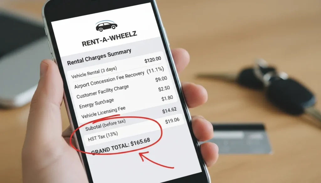Detailed breakdown of Hertz car rental costs at Toronto Pearson Airport including taxes, airport fees, and surcharges.