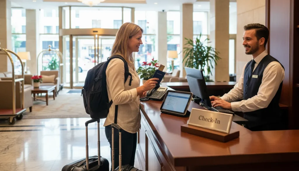 Guest checking in at a real hotel front desk location with luggage and receptionist using a computer