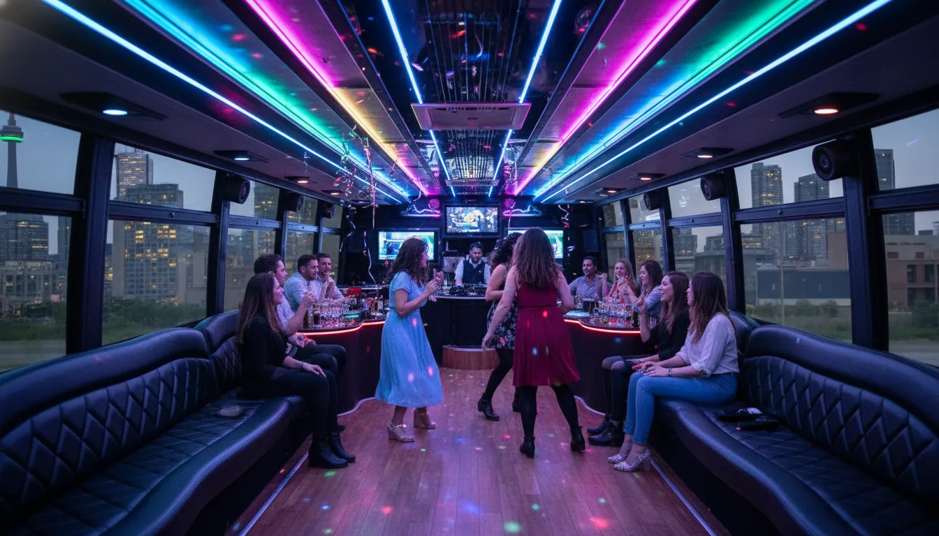 Interior view of a large party bus in Toronto showing spacious wrap-around perimeter seating, a wide central dance floor, vibrant custom lighting, and ample headroom for groups of 40 to 65 passengers.