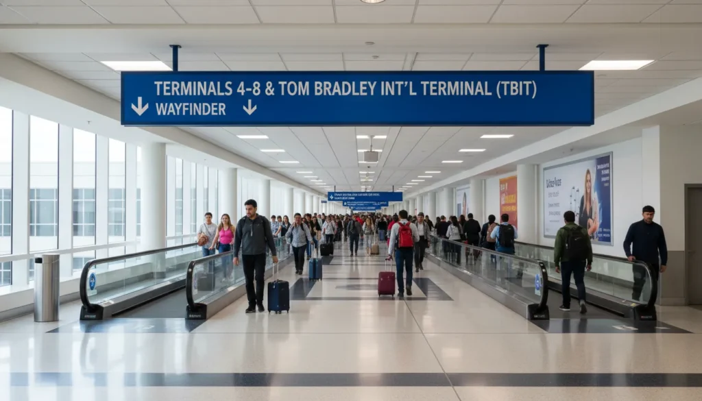 An overhead airport sign inside LAX showing the long walking path connecting Terminal 7 and 8 to the Tom Bradley International Terminal.