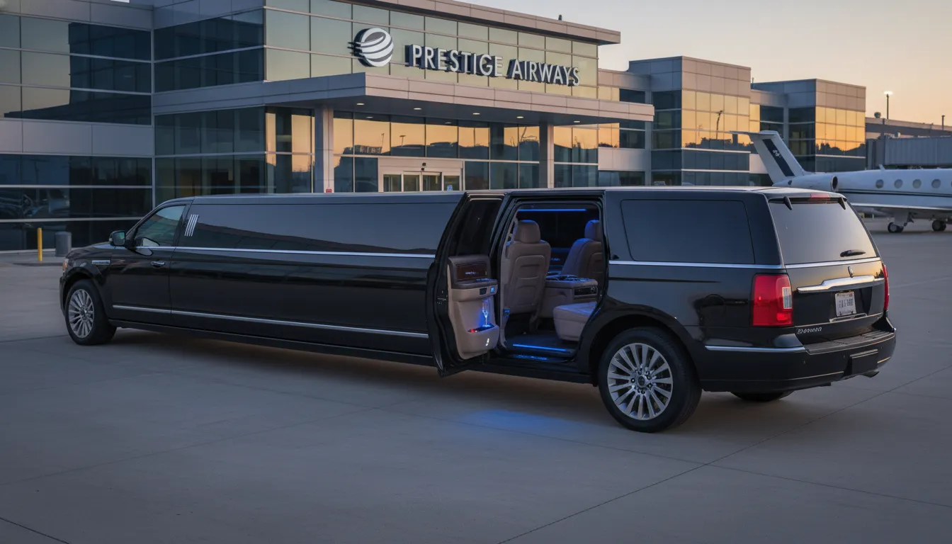A pristine black Lincoln Navigator stretch limousine parked outside a premium corporate terminal, showing its extended luxury cabin, tinted privacy windows, and polished chrome wheels.