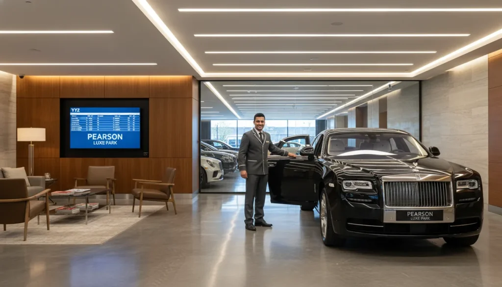 A premium private valet parking facility near Toronto Pearson Airport featuring a secure indoor drop-off zone and a professional attendant.