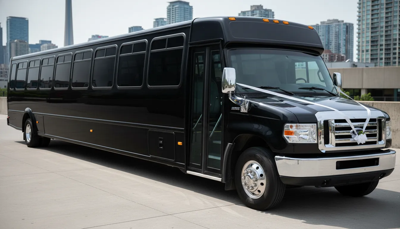 Exterior side profile view of a sleek, polished black luxury limo bus parked in Toronto, highlighting its tinted privacy windows, glossy finish, and professional appearance for high-end events.