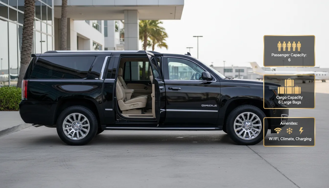A pristine black GMC Yukon XL luxury SUV parked outside a premium Toronto corporate terminal, showcasing its spacious tinted passenger windows and clean executive exterior.