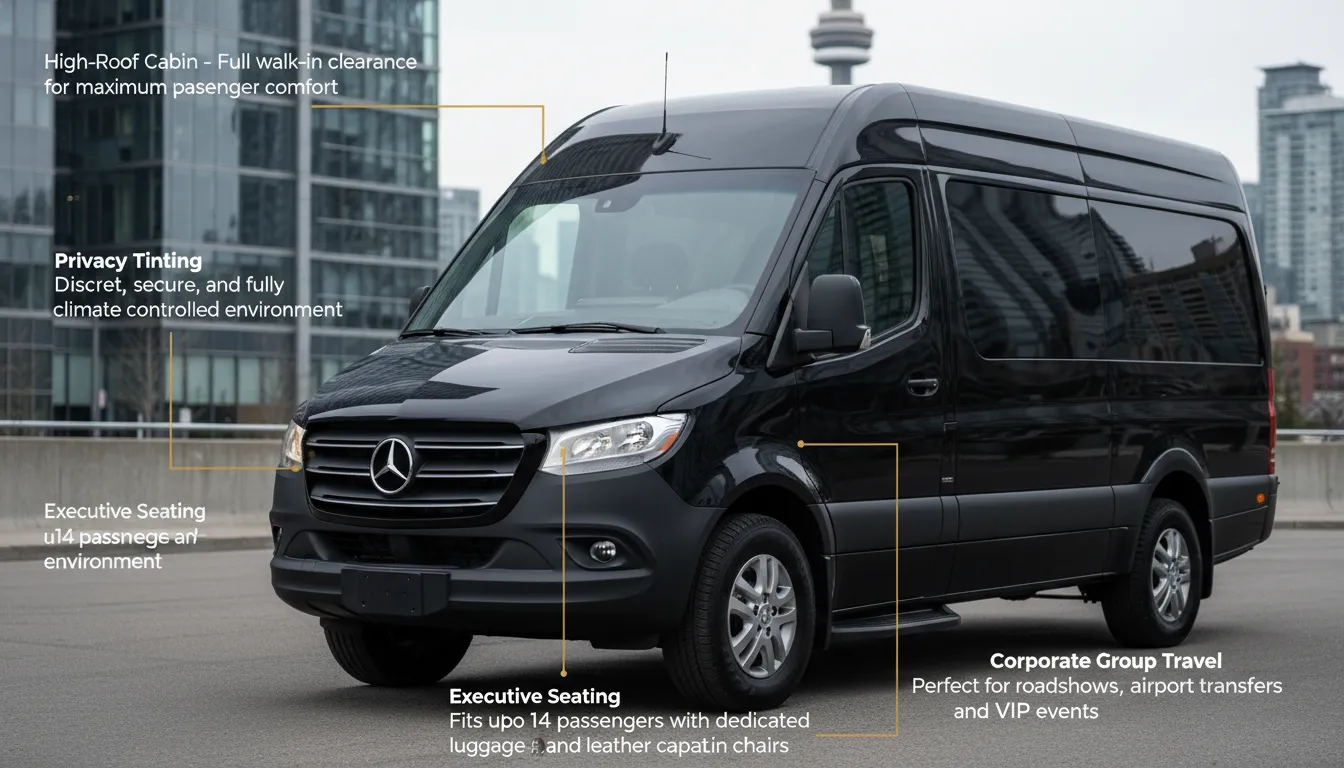 A pristine black Mercedes Sprinter Van parked in front of a modern Toronto corporate office building, showcasing its spacious executive seating and premium tinted windows for luxury group travel.