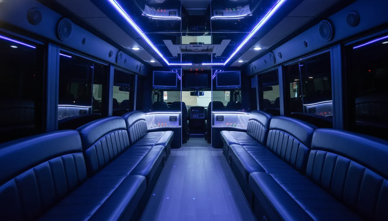 Interior view of a mid-size party bus in Toronto showing spacious wrap-around premium leather seating, ambient color-changing LED ceiling lights, integrated sound system speakers, and a central dance floor area designed to accommodate 20 to 40 passengers comfortably.