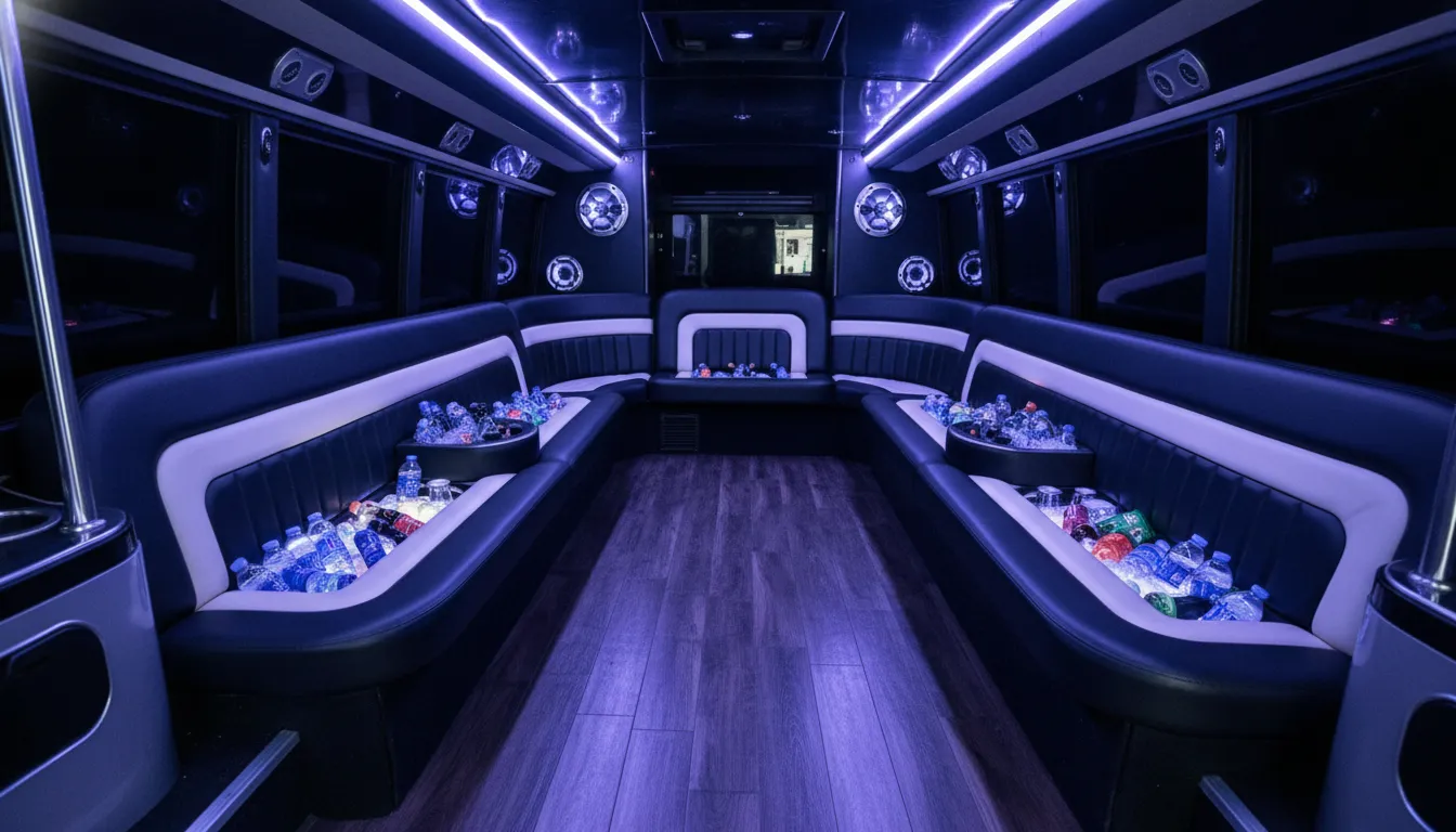 Interior view of a modern mini party bus rental in Toronto featuring custom leather perimeter seating, LED club lighting, and an integrated beverage station for 10 to 20 passengers.