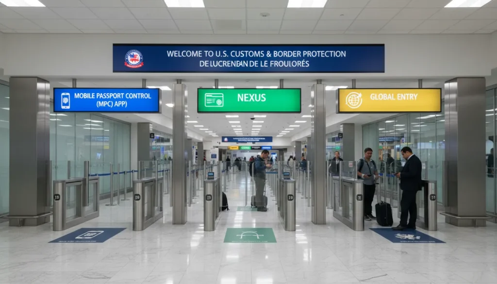 Dedicated US Customs Preclearance lanes for Mobile Passport Control MPC app users inside Terminal 1.