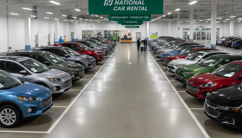 Row of 2026 National Car Rental vehicles including SUVs and sedans parked at Toronto Pearson Airport Terminal 1 garage.