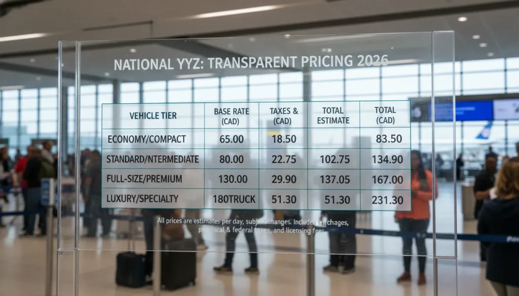 A digital pricing board at National Car Rental Toronto Pearson Airport showing daily and weekly rates for various car classes in 2026.