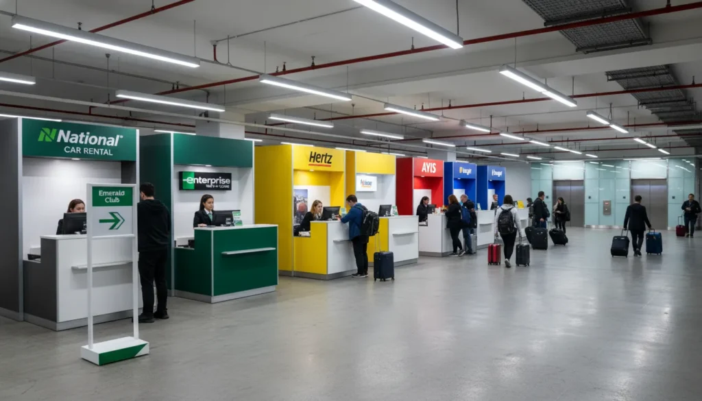 A side-by-side view of National Car Rental, Enterprise, Hertz, and Avis rental counters in the busy parking garage at Toronto Pearson International Airport (YYZ).