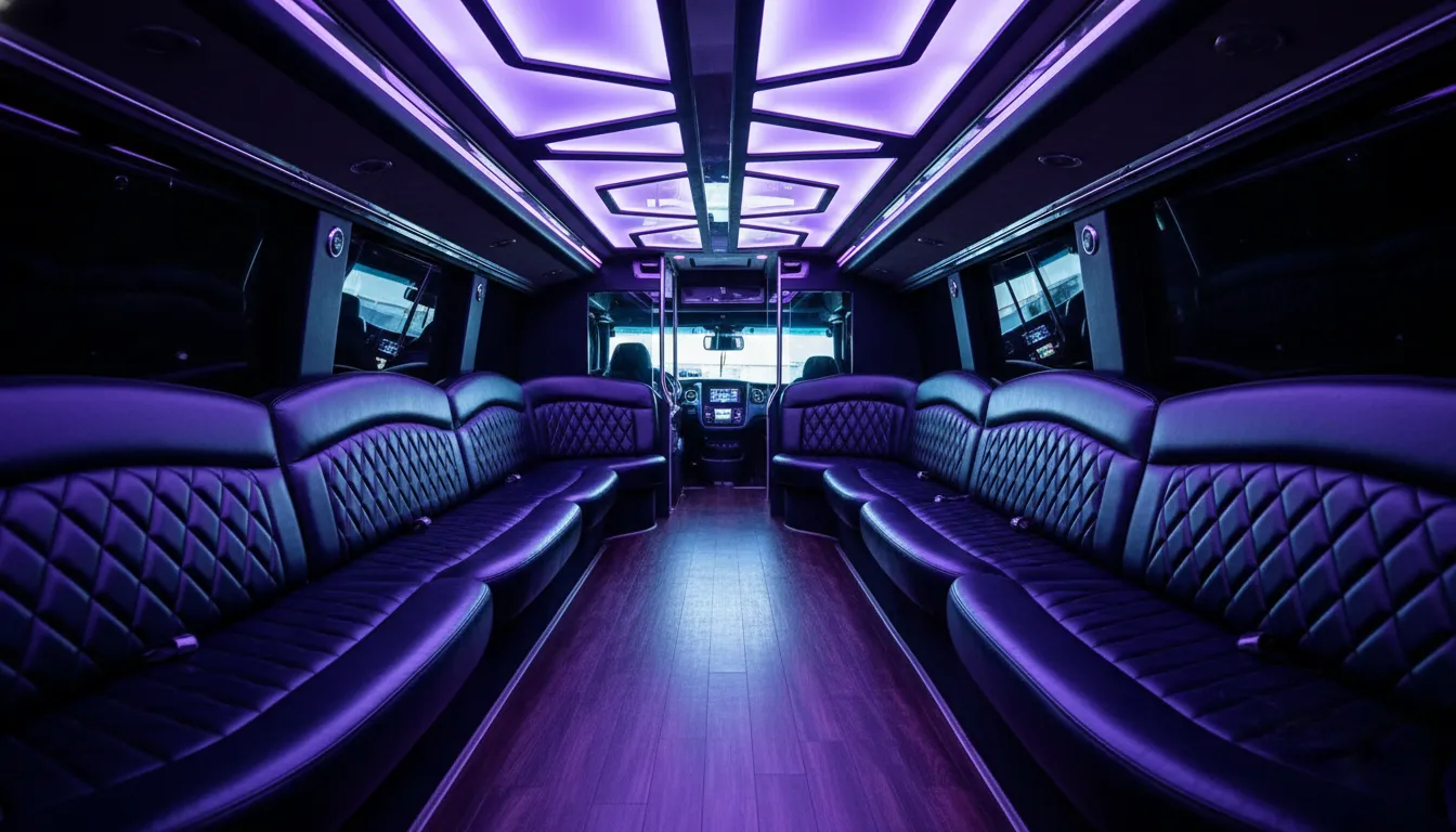 Interior view of a luxury Toronto party bus featuring premium black wrap-around perimeter leather seating, custom color-changing LED light displays on the ceiling, and built-in cup holders.