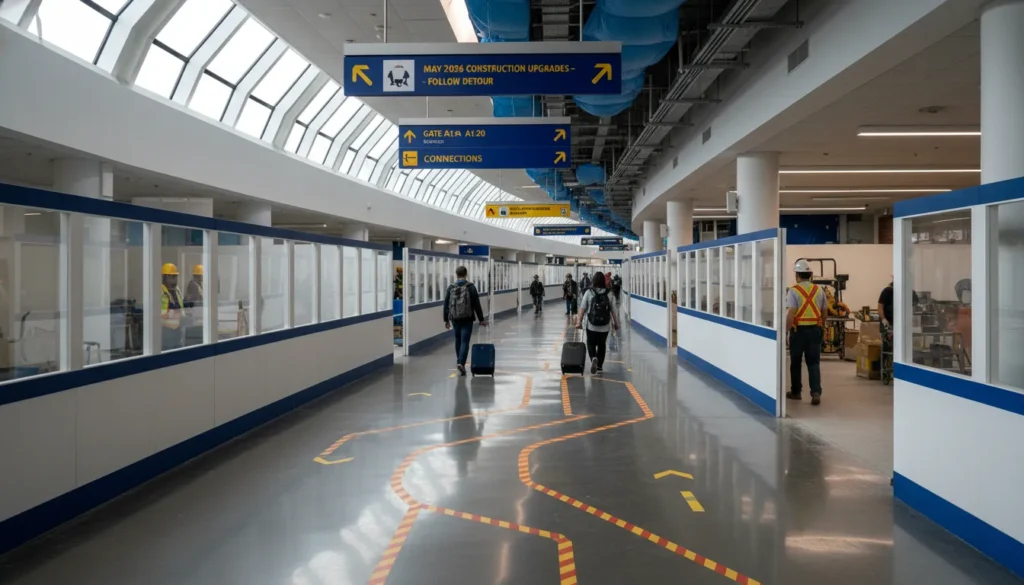 : Internal walking paths in Terminal 1 with bright orange floor decals guiding passengers past construction barricades.