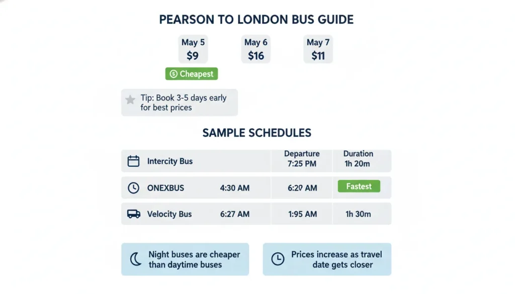 Bus price and schedule chart from Pearson Airport to London Ontario showing cheapest days from May 5 to May 7 with prices $9 to $16, and sample departures from Intercity Bus at 7:25 PM taking 1 hour 20 minutes fastest, ONEXBUS at 4:30 AM taking 1 hour 57 minutes, Velocity Bus at 1:55 AM taking 1 hour 30 minutes.