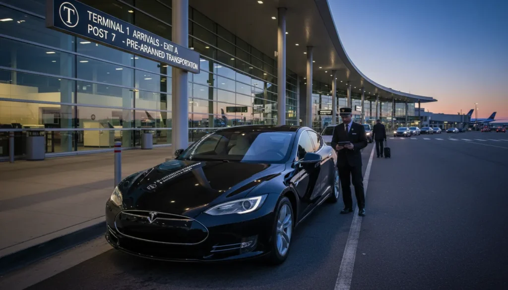 A black luxury pre-arranged sedan limo waiting at Terminal 1 Arrivals Door A Post 7 at Toronto Pearson Airport.