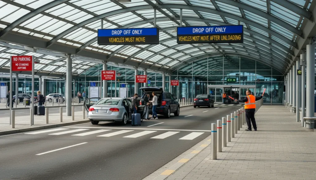 A real photo of a busy airport drop off location showing a covered curbside area with Drop Off Only signs, passenger unloading at the sidewalk, and cars pulling away immediately without parking.