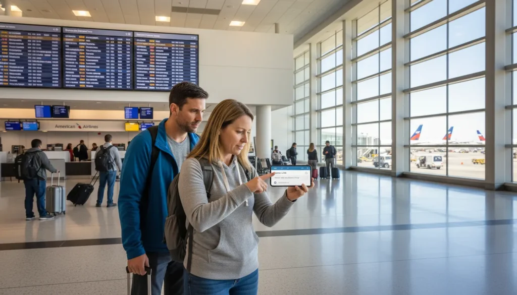 Real photo inside a busy USA flights terminal showing a traveler holding a smartphone with a flight search app open, sharing keywords like “New York” and “LAX” with another person looking at the screen.