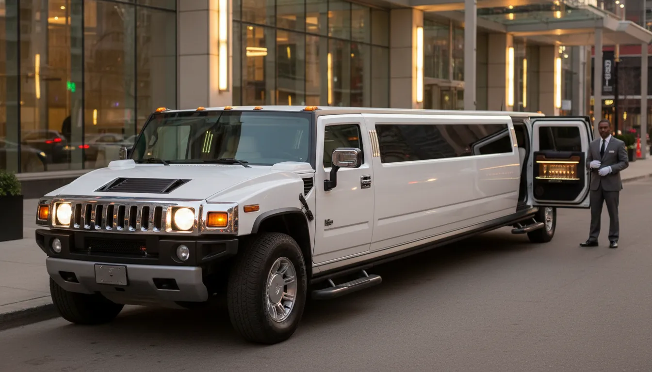 A pristine white Stretch Hummer Limo parked in front of a modern downtown venue, showcasing its extended chassis, custom chrome wheels, and sleek tinted windows for luxury group transportation.