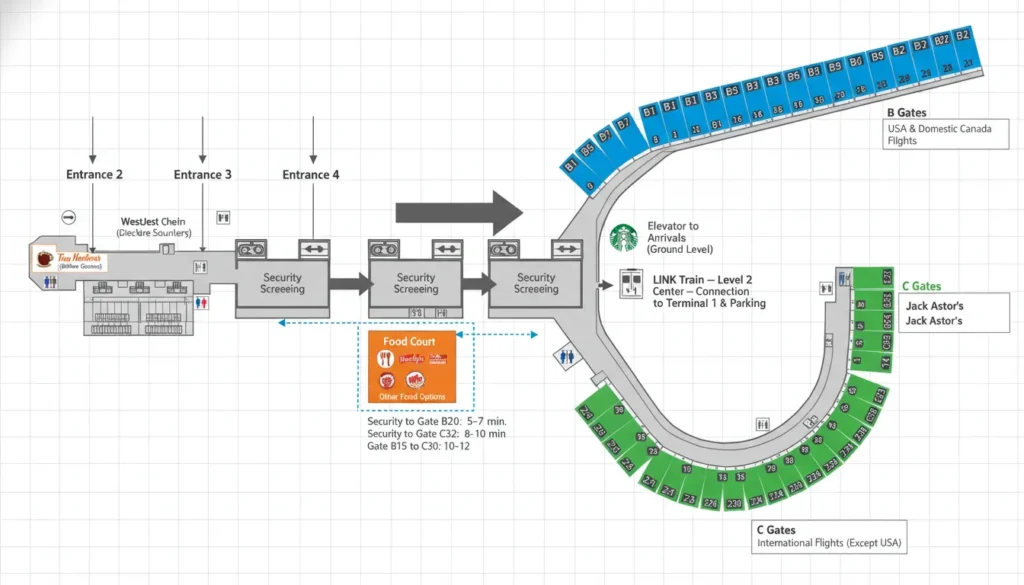 Toronto Pearson Terminal 3 Departures Level 2 map showing check-in counters, security checkpoints, B Gates for US and Canada flights, C Gates for international flights, food courts, washrooms, and elevator to arrivals.