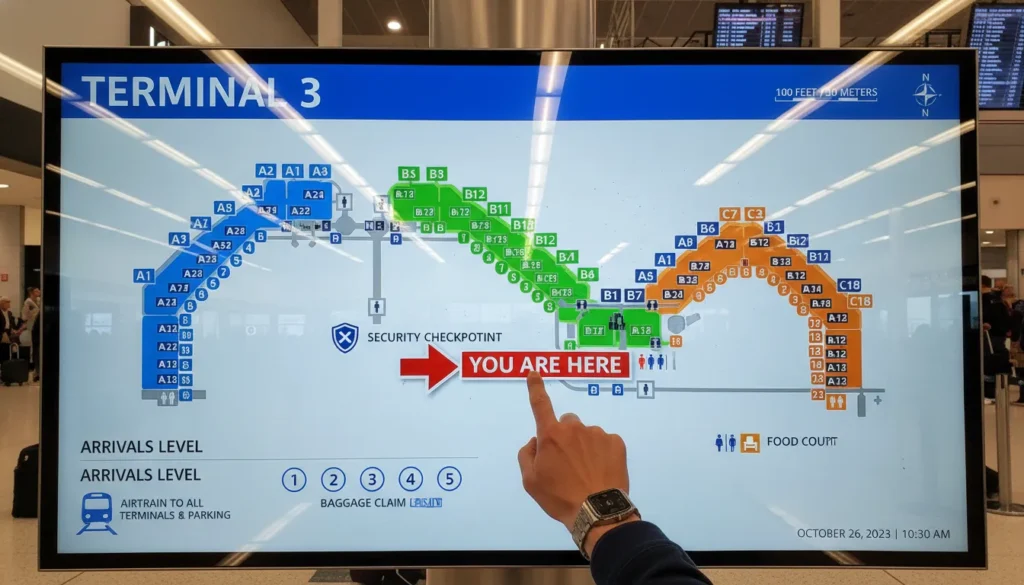 "Real detailed map of Terminal 3 showing locations of gates, security checkpoints, baggage claim, and connecting train station."