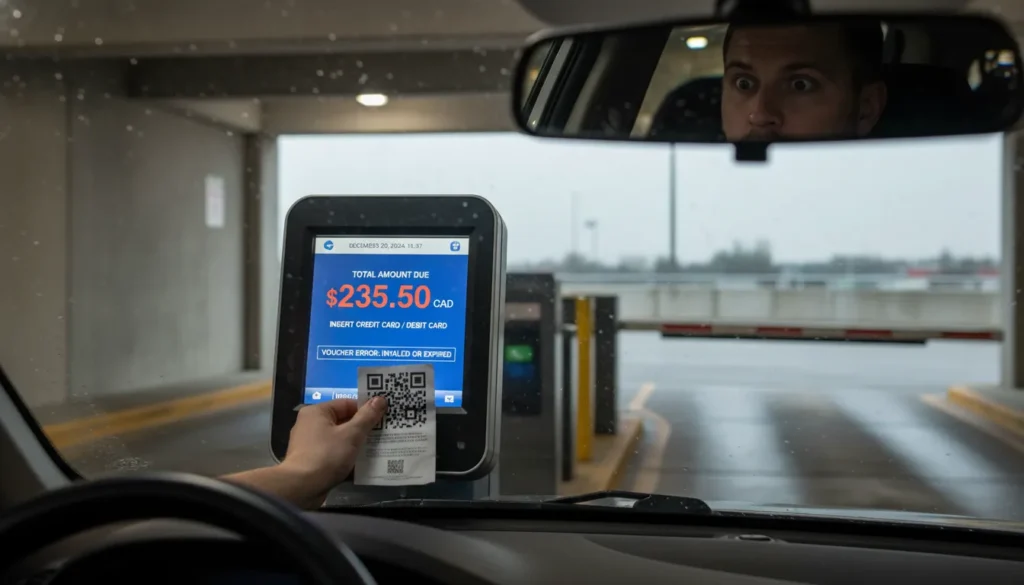 A view from inside a vehicle at the Toronto Pearson Airport parking exit gate machine showing a high drive-up total balance due on the digital terminal screen.