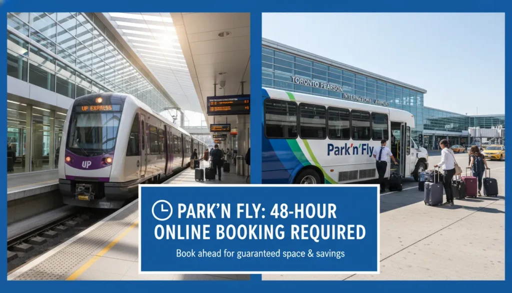 A visual summary of transit options at Toronto Pearson Airport including the UP Express train line, off-site shuttle services, and terminal parking lots.