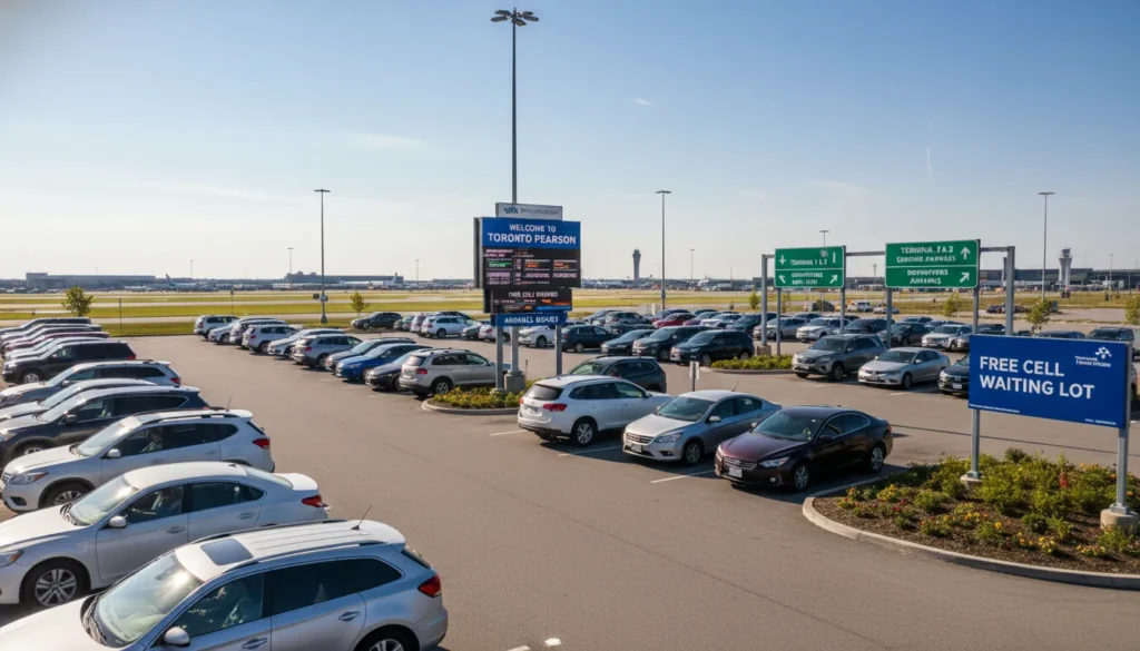 Drivers waiting inside their cars at the free Toronto Pearson Airport Cell Phone Waiting Lot.
