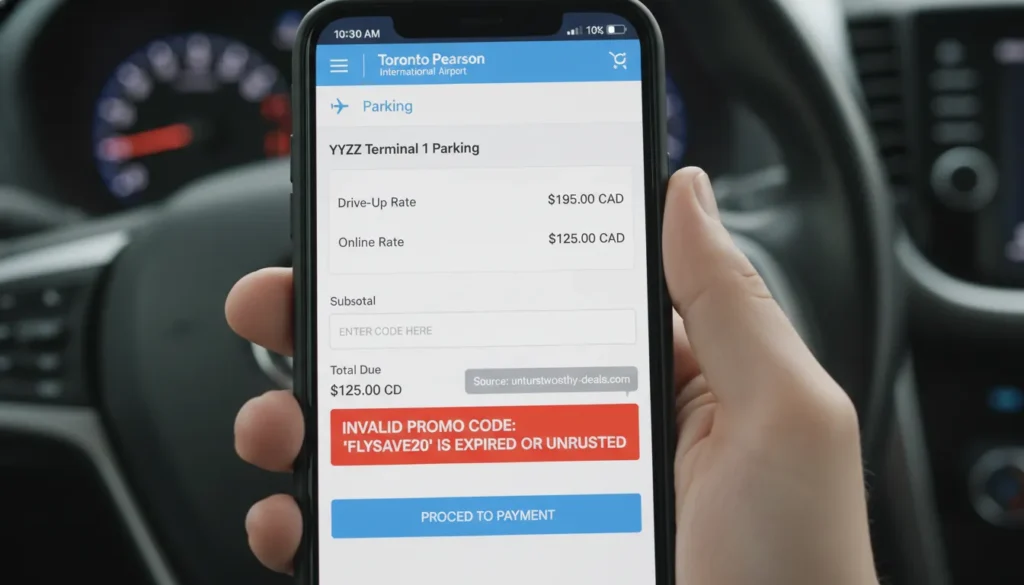 A smartphone screen showing an invalid promo code error message on the Toronto Pearson Airport parking checkout page with a high drive-up total before applying code A06202305.